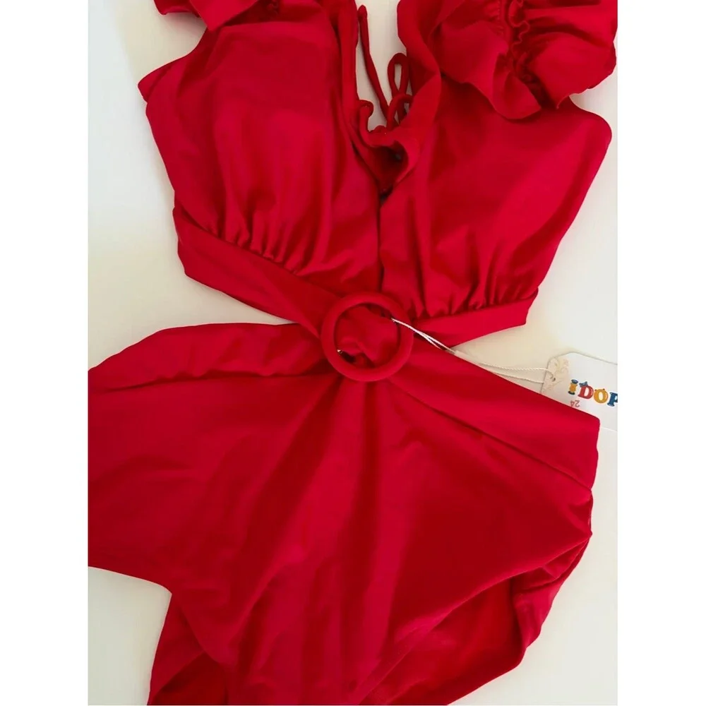 Red Ruffle Shoulder Cutout One-Piece Swimsuit NEW Medium